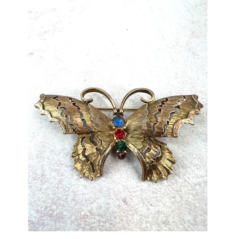 Vintage Big Multi Stone Gold Tone Butterfly Brooch Pin Pretty‎ Classic Gift